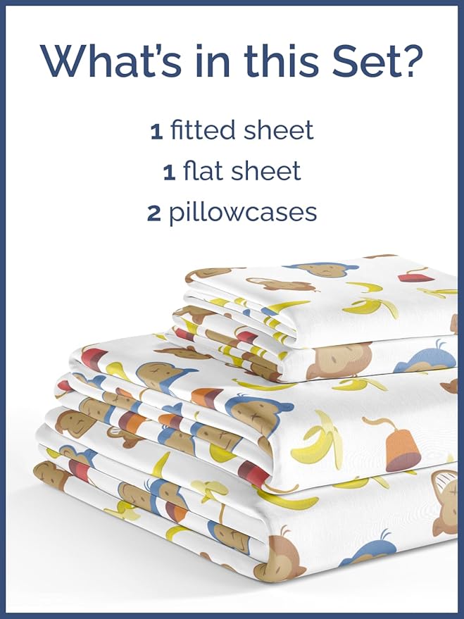 Kids Full Size Monkey Bed Sheets - 4 Piece Monkey Sheet Set - Cartoon Banana Bedding - Ultra-Soft, Cute & Cozy - Comfy, Breathable & Machine Washable - Animal Bed Set for Boys, Girls, Teens & Toddlers