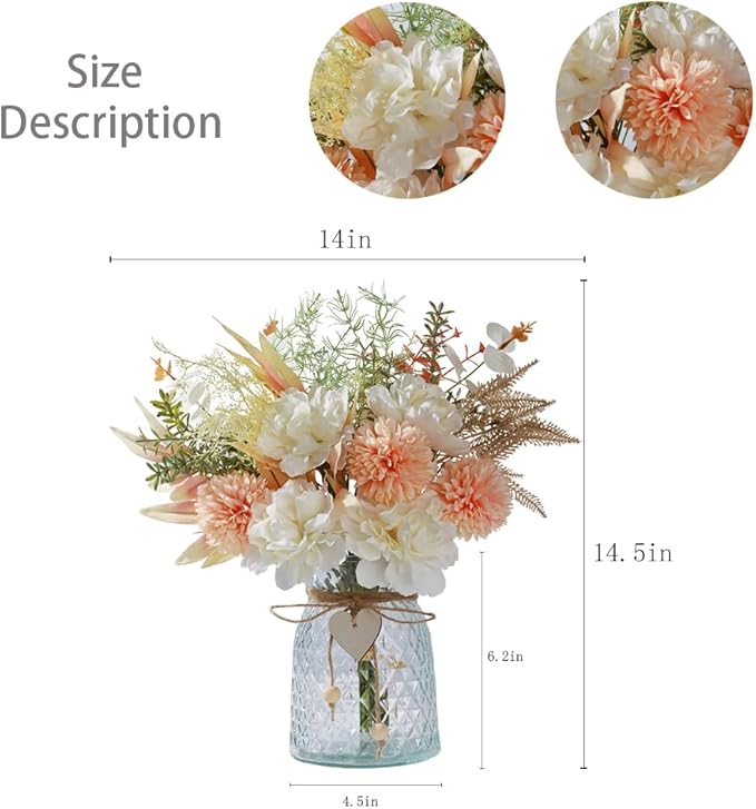 Silk Flowers with Vase, Artificial Flowers Arrangement with Glass Vase Faux Peony Hydrangea for Decoration Table Centerpiece (Peony White Pink)
