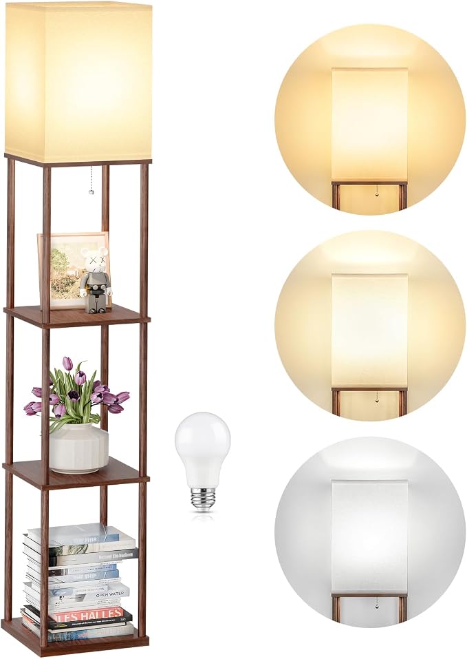 SHINE HAI Floor Lamps with Shelves for Living Room, 3-Tier Square Modern Standing Lamp with 3CCT Bulb, 11W 950LM Brightness, Tall Shelf Lamp for Bedroom, Office, Bookshelf & Display Organizer