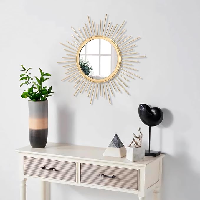 Gold Sunburst Mirrors for Wall Decorative Metal Round Art Mirrors Large Wall Decor Hanging Mirror for Bathroom Bedroom Living Room Vanity Entryway 16"