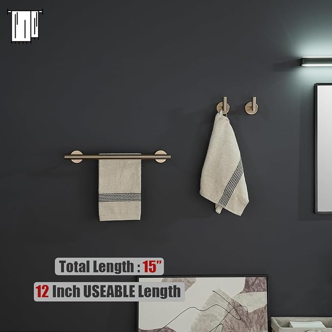 JQK Double Towel Bar Champagne Bronze, 15 Inch 304 Stainless Steel Thicken 0.8mm Towel Rack Holder for Bathroom Washcloths and Hand Towels Wall Mount, Useable Length 12 Inch, TB100L12-CB