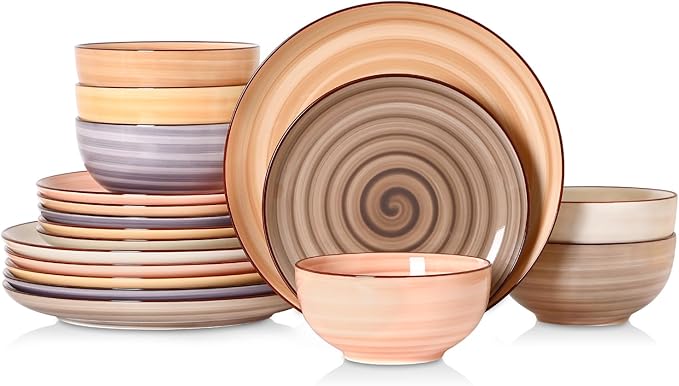Selamica Ceramic Plates and Bowls Sets,18 Pieces Dinnerware Sets for 6,Dishwasher & Microwave Safe dish set,Family & Holiday Dining, Maillard