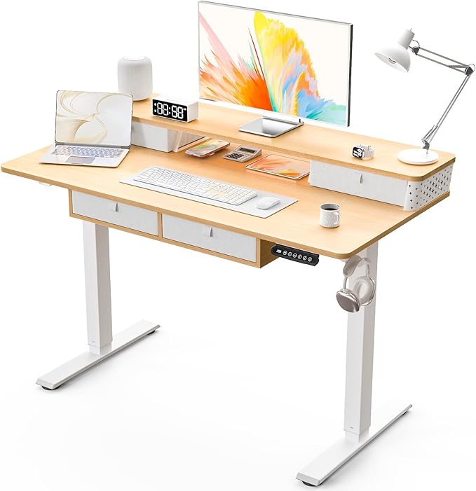 Electric Standing Desk with 4 Drawers 48''x 24'' Adjustable Height Sit to Stand Up Desk with Storage Shelf, C-Clamp Mount Compatible Black Home Office Desks Computer Gaming Table Ergonomic Workstation