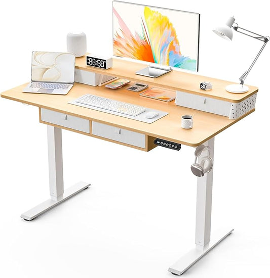 Electric Standing Desk with 4 Drawers 48''x 24'' Adjustable Height Sit to Stand Up Desk with Storage Shelf, C-Clamp Mount Compatible Black Home Office Desks Computer Gaming Table Ergonomic Workstation