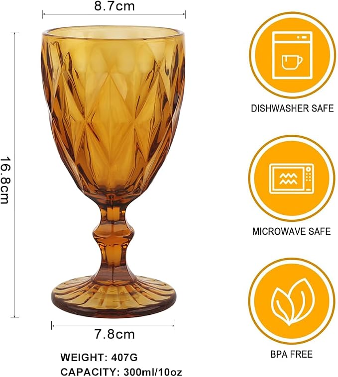 Pure Amber Wine Glasses 6Pcs a Set Solid Colors Glass Goblets Colorful Dishwasher Safe Colored Glassware With An Embossed Vintage Never Fade Colored Goblets Pattern Like Crystal (Glass, Amber)