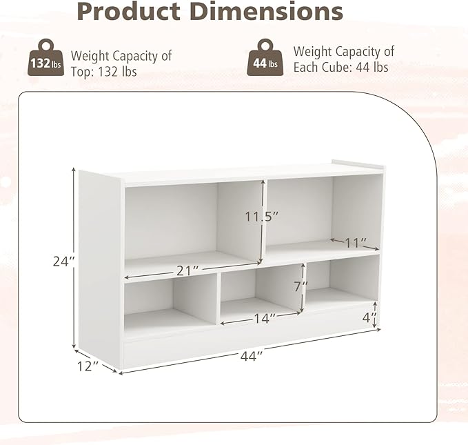 Toy Storage Organizer, 2-Tier Kids Bookshelf, 5 Cube Kids' Bookcases, Cabinets & Shelves, Wooden Toy Organizers, Small Book Shelf for Bedroom, Playroom, Classroom, Nursery (White)
