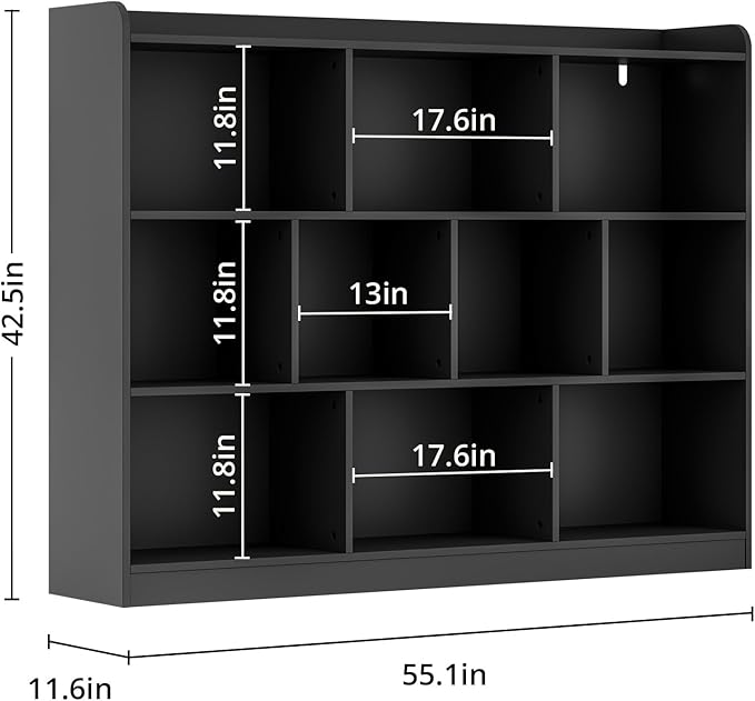 Black Bookshelf, Wood Bookcase with 3 Tier Open Shelves, 10-Cube Minimalist Storage Shelf for Living Room, Bedroom, 55.1" W x 42.5" H