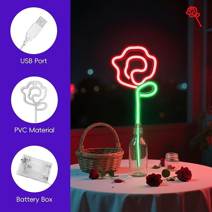 Rose Neon Sign - Red rose Flower with Green Stem Neon Art Wall Decor USB or 3-AA Battery Powered Operated for Girls Bedroom Birthday Gift Party Wedding Rose Lights for Bedroom (Red)