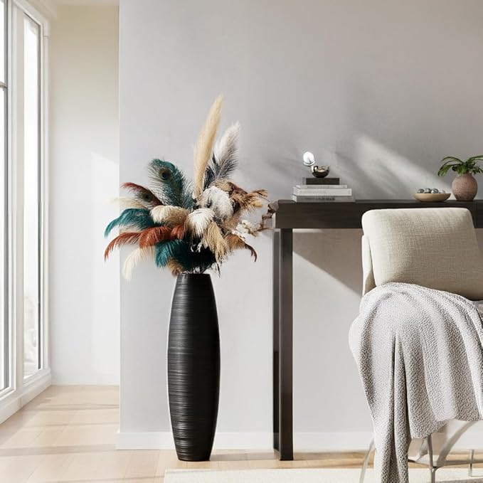 Tall Floor Vase, 27.5 inches (70cm, 2.3FT) Floor Vase Sturdy, Luxury, Textured for Decorative Branches Dried Flowers, Tall Vases for Rustic Living Room, Home Decor, Resin Black Vases