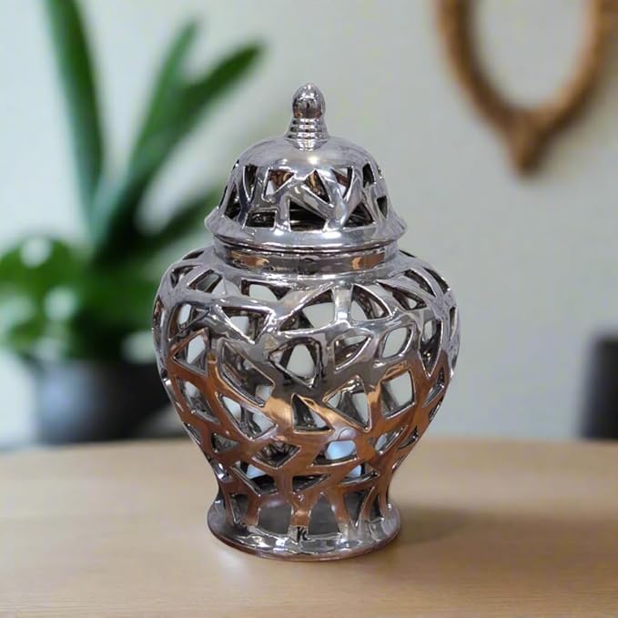 Urban Trends 21285 Ceramic Urn Vase with Cutout Triangle Design, Silver