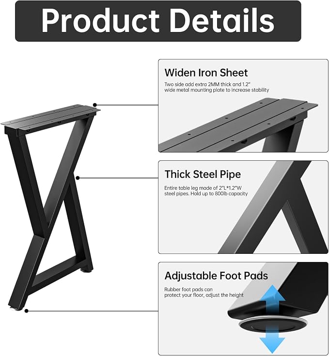 TOCRETOARE Metal Table Legs Heavy Duty, 16”H x 12”W, Metal Furniture Legs for Dining Desk Bench and Coffee Table, Industrial Black DIY Iron Bench Legs, Set of 2