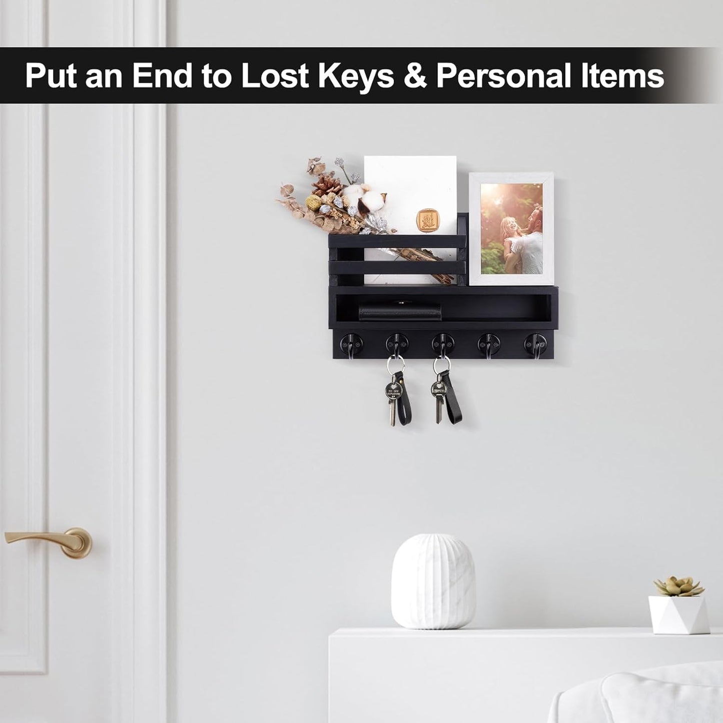 Skiennix Key and Mail Holder Wall Mount - 5 Hooks for Coats and Dog Leashes | Entryway Organizer 11.8”W x 7.8”H x 3.2”D