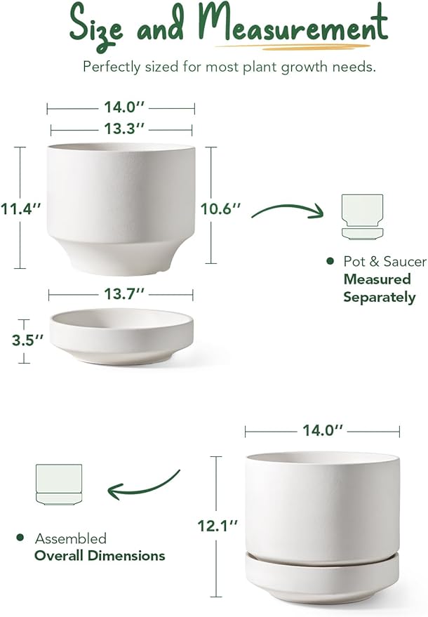 LE TAUCI Large 14 Inch Plant Pot with Saucer | Ceramic Outdoor & Indoor Big Planter Pot | Drainage Hole, Mesh Pad & Plug | Unglazed Porous | Modern Minimalist for Home and Patio – Chalk White