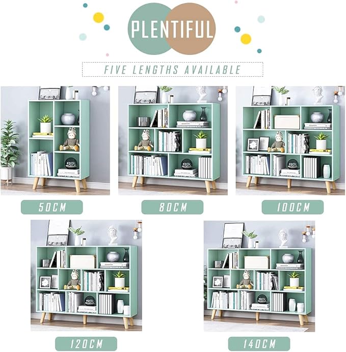 IOTXY Wooden Open Shelf Bookcase - 3-Tier Floor Standing Display Cabinet Rack with Legs, 8 Cubes Bookshelf, Tiffany-Green | Display Cabinet, Rack, with Legs, Bookshelf