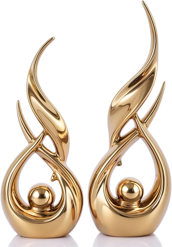 2 PCS Gold Ceramic Statues for Home Decor Accents, Modern Abstract Art Sculptures, Elegant Tabletop Decorative Objects for Dining Room, Entryway, Tv Stand, Mantel, Coffee Table Centerpieces