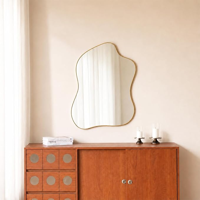 Irregular Wall Mirror Brass Wave Shaped Metal Framed Wall Mirror for Bathroom Bedroom Entryway Living Room Wall Decor 34" L x 25.5" W 2302G