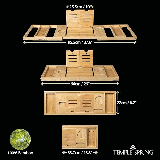 Temple Spring Foldable Bamboo Bathtub Tray Caddy for Tub — Expandable One-Piece Wood Bath Table with Wine Holder Book Stand and Non-Slip Pads — Space-Saving Bath Caddy — Housewarming
