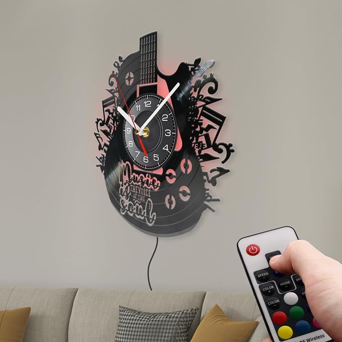 12 Inch Guitar Decor Wall Clock 7 Color Changing, Guitar Gifts Vinyl Neon Wall Clock Battery Operated Silent Movement Music Gifts for Men Musicians Music Studio Room Decor