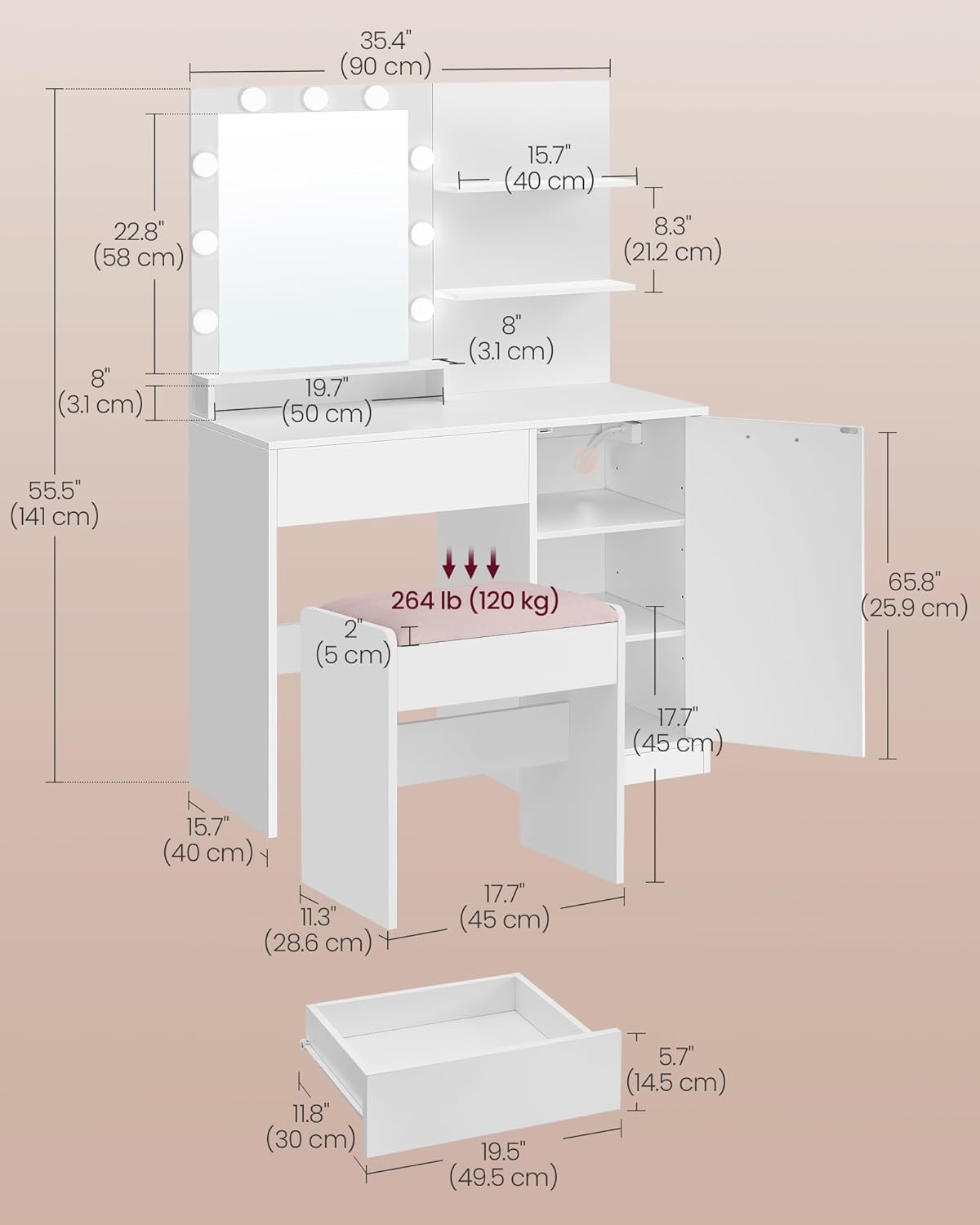 VASAGLE Vanity Desk - 35.4-Inch Makeup Vanity with Mirror, Dimmable LED Lights & Upholstered Stool | Cloud White