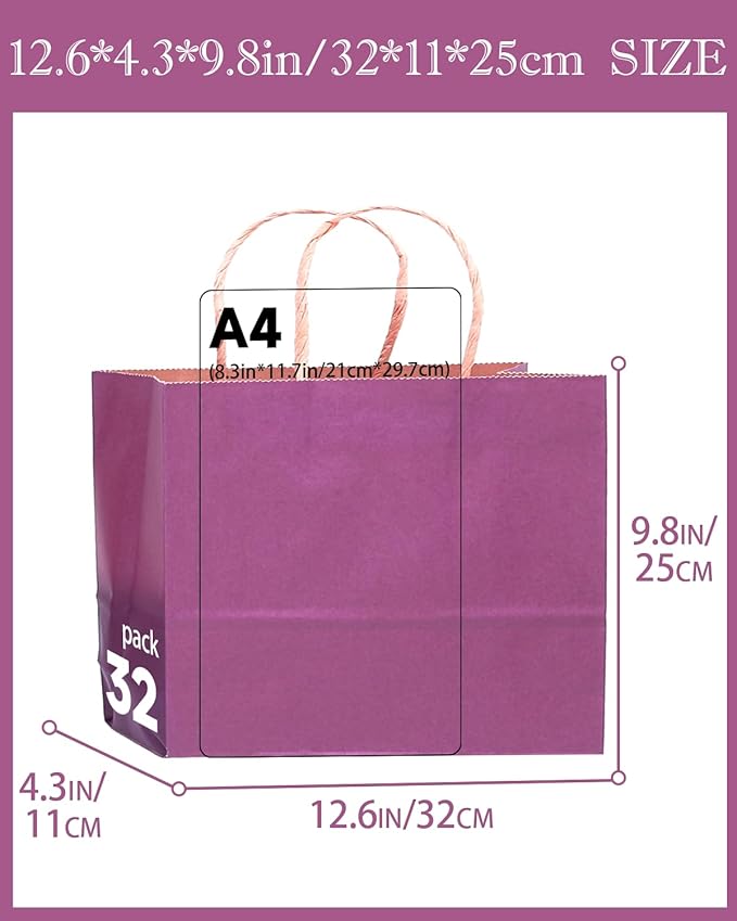 qiqee 13"x4.5"x10" Large Gift Bag with Handles Bulk 32PCS Gift Paper Bags Purple Bags Multiple Uses (Wide Large)