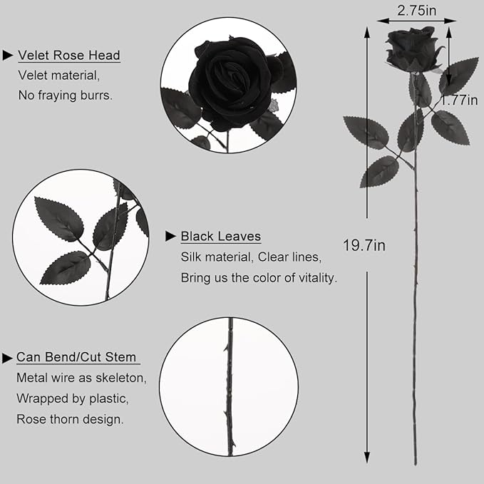 12Pcs Black Roses Artificial Flowers Fake Rose Faux Velvet Silk Flowers for Home Wedding Decoration (Pearl Roses, Pure Black)
