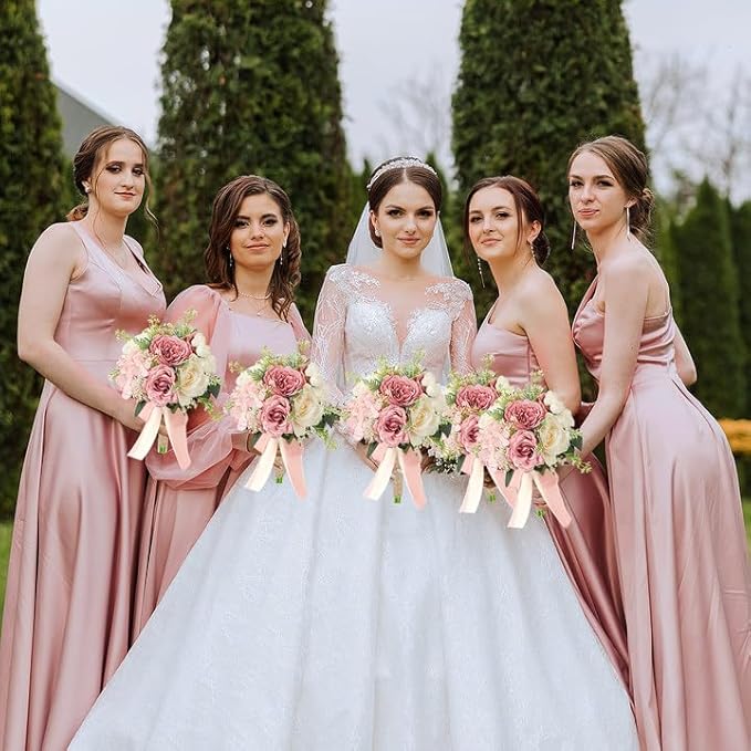 Set of 6 Wedding Bridesmaid Bouquets - 7 Inch Artificial Flowers Bouquets for Ceremony Anniversary Centerpieces Decorations - Pink & White