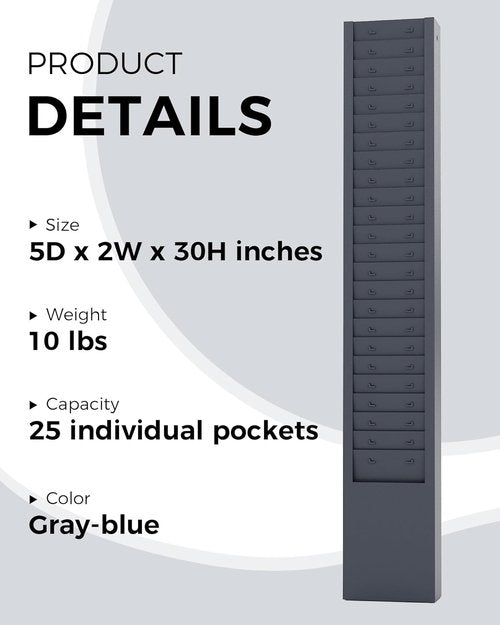 OSKIE Metal Time Card Rack - 25-Pocket Wall-Mountable Organizer | Vertical Design in Powder Gray-Blue, 2x5x30 Inches