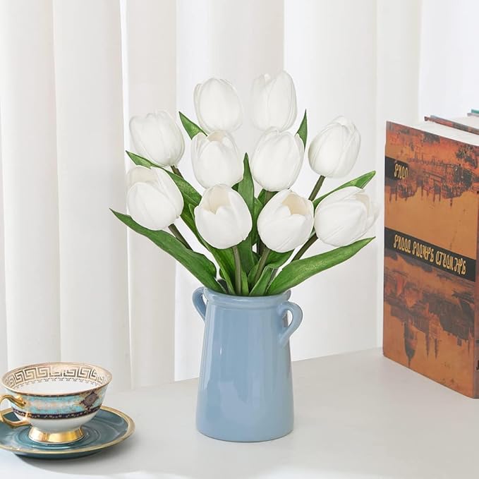 DILATATA 10 Pcs White Tulips Artificial Flowers Large Tulips Head Real Touch Fake Tulip Fake Flowers for Mother's Day 11.4" Faux Tulip for Vase Centerpieces Home Wedding Bouquet