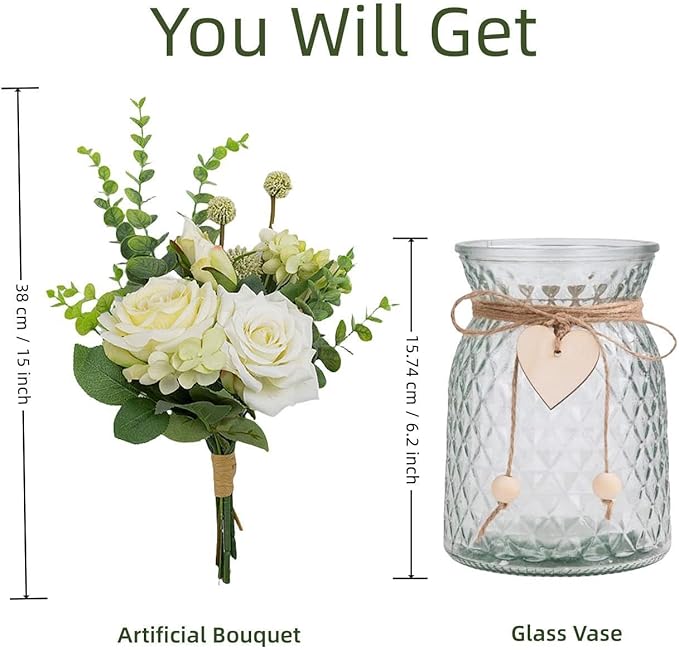 Artificial Fake Flowers in Vase, Faux Silk Roses Floral Hydrangea Bouquet with Vase, Table Centerpiece Decorations Wedding Bouquets for Party Office Farmhouse Kitchen Home Decor, White