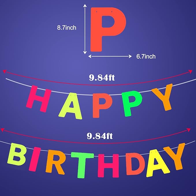 Neon 'Happy Birthday' Banner, UV Glow Party Supplies & Decorations, Neon Color, Letter Print, 118.08 x 8.7 Inches, Birthday Occasion