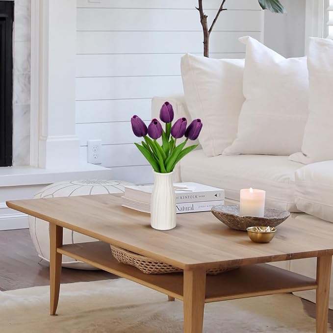 Briful 2 Packs Faux Flowers Artificial Tulips with Ceramic Vase, Poly Foam Purple Tulips Real Touch Flower Arrangement for Home Kitchen Wedding Centerpiece Decoration