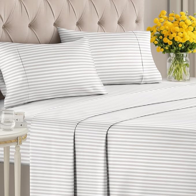 Light Grey and White Striped Sheets - 1 Flat & 1 Fitted Sheet & 2 Pillowcases w/ Deep Pockets - Wrinkle & Fade Resistant, Ultra-Soft, Breathable & Cooling - Luxury Pinstripe Bedding - Full Size