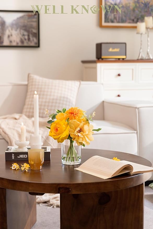 WELL KNOWN Artificial Flowers in Glass Vase with Fake Water, Silk Peony Rose Flower Bouquet for Home Dinning Tea Table, Office Desktop, Hotel, Wedding, Party, Lavatory Decor & Gift (Yellow & Orange)