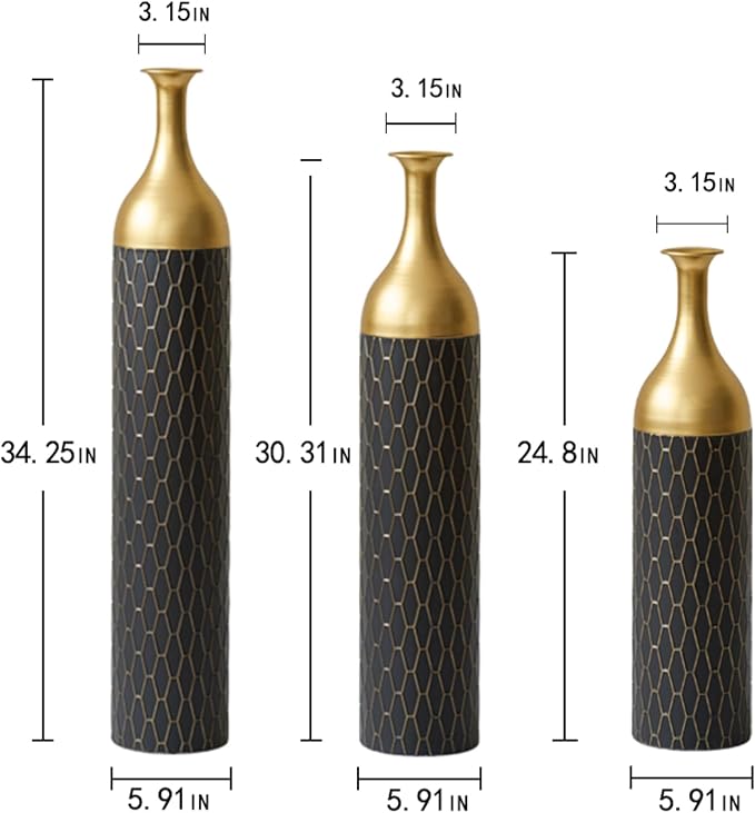 Metal Floor Vases Decorative, Set of 3 Flower Arrangement Stand, Tall Gold＆Black Metal Floor Vases for Living Room, Bedroom & Entryway, 34.25", 30.31", 24.8" H (Gold＆Black)