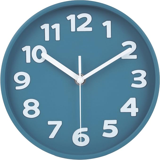 45MinST 8-Inch Blue Modern Wall Clock – Silent Non-Ticking, 3D Large Numbers, Accurate Timekeeping | Decorative Wall & Desk Clock with Stand for Living Room, Bedroom, Kitchen, or Office