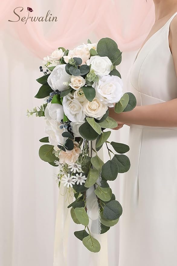 Serwalin 9.8 Inch Wedding Bouquets for Bride Bridesmaid, Forest White Peonies Bridal Bouquets for Bride, Wedding Flowers Bouquet Tossing Bouquet, Wedding Ceremony and Anniversary Day Decor