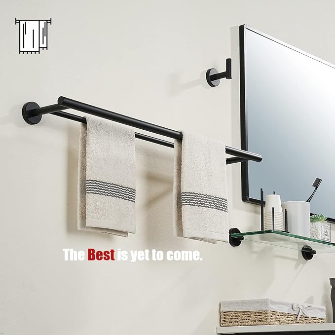 JQK Double Towel Bar 27 Inch, Matte Black Useable Length 24 Inch 304 Stainless Steel Thicken 0.8mm Bath Towel Rack for Bathroom, Towel Holder Wall Mount, TB100L24-PB