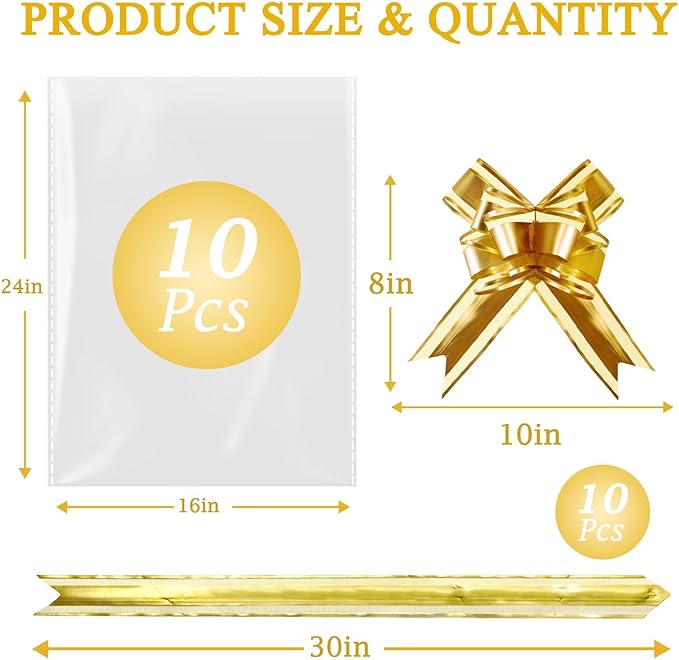 PigPotParty 16"x24" Clear Cellophane Gift Bags - Includes Bows – 10 Pack Cellophane Wrap for Gift Baskets, Plastic Gifts Bags for Gift Giving