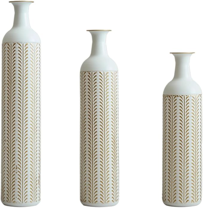 Metal Floor Vases Decorative, Set of 3 Flower Arrangement Stand, Tall Gold＆White Metal Floor Vases for Living Room, Bedroom & Entryway, 33.4", 28.74", 24.1" H (White＆Gold)