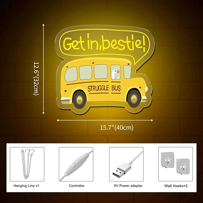 Struggle Bus Neon sign, Funny neon sign USB Powered Dimmable LED Sign for Wall Decor, Gothic Wall Decor Funny Sign Led Signs, Bus Sign for Children's Bedroom Wall, Halloween Home Decor