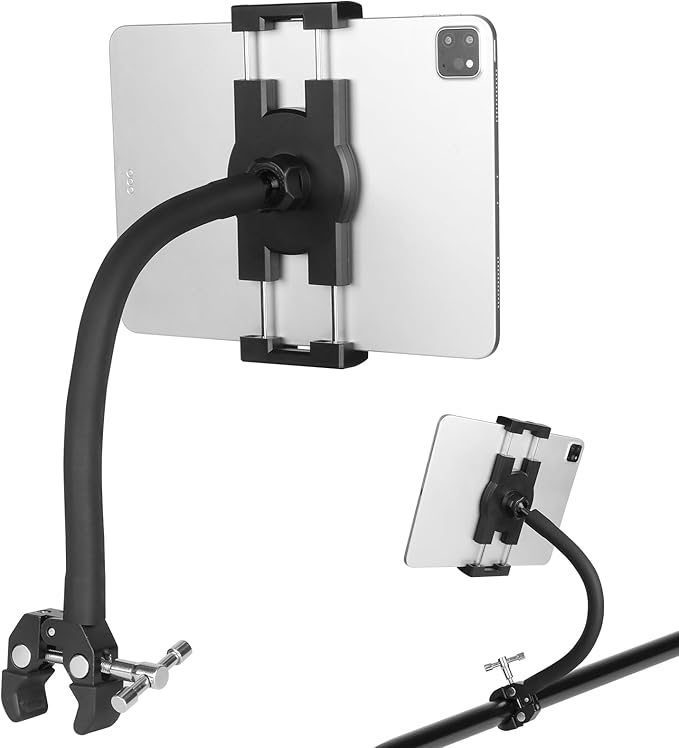 Mippko Tablet Holder for Treadmill/Elliptical/Spin Bike/Peloton/Indoor Cycle,Gooseneck Arm Super Crab Clamp Mount Compitable with 4.7~12.9" iPad/Nexus/LG G Pads/e-Reader/Switch/iPhone