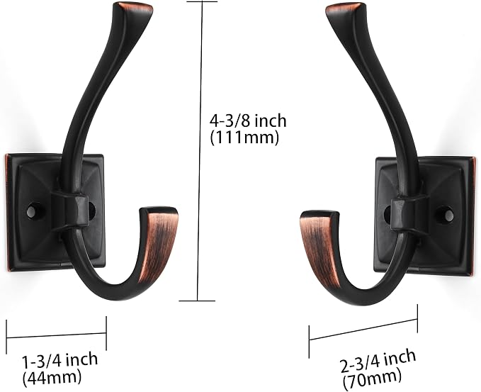 Large Wall Hooks 2 Pack Oil Rubbed Bronze Coat Hooks Hardware Towel Hooks for Hanging Coats 4.35 Inch Double Robe Hooks Wall Mounted with Screws for Key, Towel, Bags, Cup, Hat