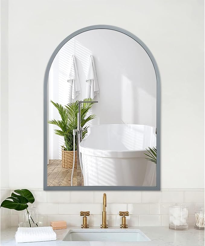 Arch Wall Mirror Bathroom Mirror Metal Framed Mirrors, Arched Wall Mounted Vanity Mirror for Bedroom Entryway Living Room 26"x18" Gray