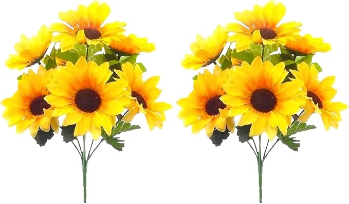 Sunflower Bouquets, 2 Bunches Artificial Sunflowers for Decoration, Yellow Silk Faux Flowers with 7 Heads Each, Realistic Sunflower Decor for Home, Wedding, Christmas Party Arrangements