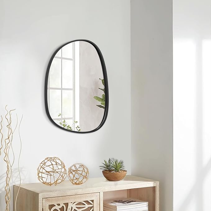 Asymmetrical Wood Wall Mirror - Irregular Oval Hanging Frame for Wall, Vanity, Bathroom, Living Room, Bedroom, Entryway, Hallway - Modern, Unique, Decorative, Artistic - Black