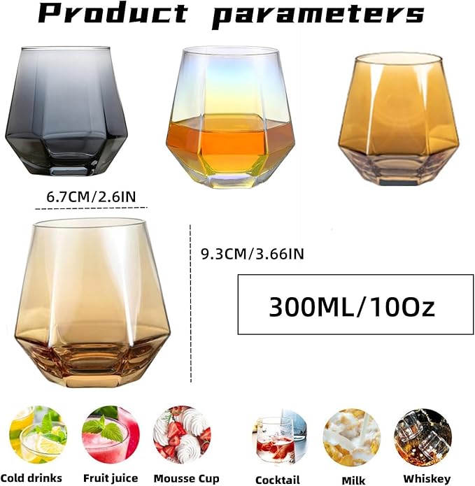 Wine Glasses Set Of 4,Stemless Diamond Wine Glass Shape 10 Oz Gray Christmas Glassware Dishwasher Safe, Spill-Proof Design For Red Wine, Cocktail, Whiskey, Bourbon for Wine Lovers (Gray)