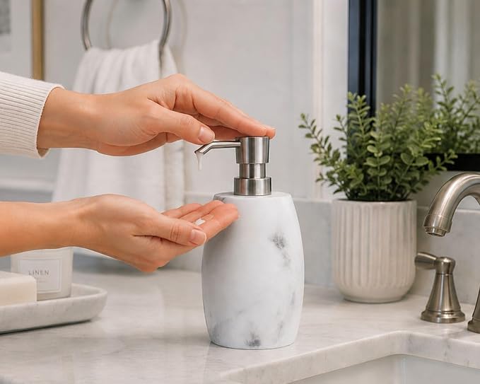 Clasin Home Resin Hand Soap Dispenser, Refillable Soap Dispenser with White Marble Look and Metallic Pump, Waterproof Bottle Labels for Bathroom Kitchen Dish Hand Wash Shower Lotion Shampoo (12 Oz)