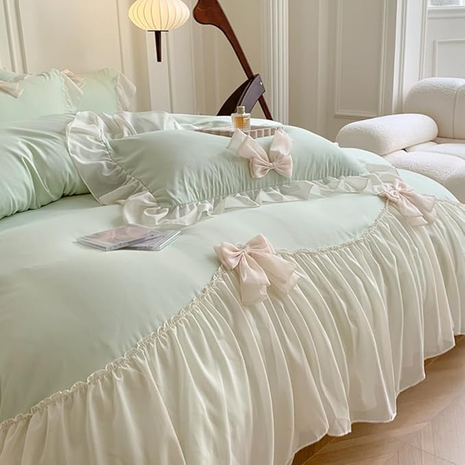 Ruffled Bedding Bow Duvet Cover Set with Butterfly Tie, Soft Brushed Microfiber Shabby Chic Bedding Set with Zipper Closure