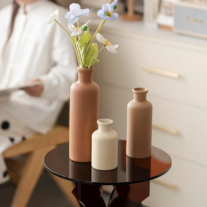Modern Ceramic Vase Set of 3, Neutral Colors, Decorative Bottles for Home, Earth Tone Farmhouse Rustic Decor, Housewarming Gifts, Wedding Gifts, Birthday Gifts for Women(Coffee Mix)