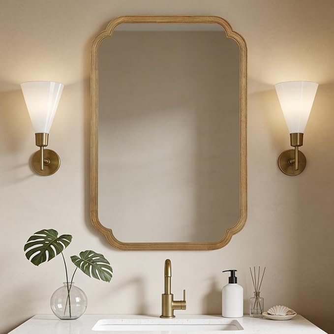 WallBeyond 24" x 36" Rounded Corner Arch Wall Mirror with Wood Frame for Entryway, Living Room or Bedroom Home Decor - Light Woodgrain 24" x 36" Natural Color